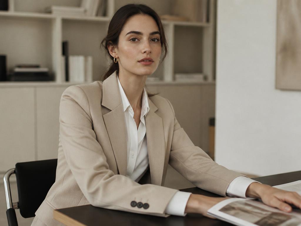 Jeune femme en blazer beige au bureau